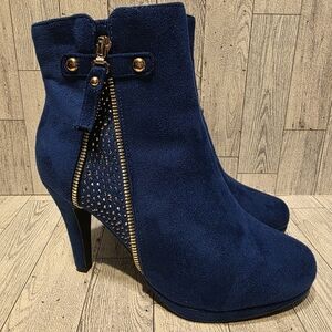 Dream Pairs Navy Suede Ankle Booties with Gold Stud & Zip Accent